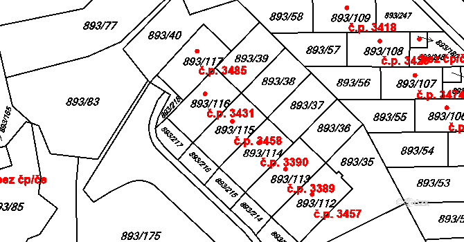 Znojmo 3458 na parcele st. 893/115 v KÚ Znojmo-město, Katastrální mapa