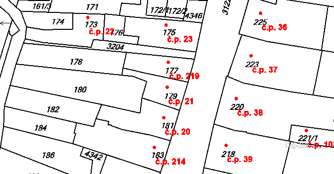 Čelákovice 21 na parcele st. 179 v KÚ Čelákovice, Katastrální mapa