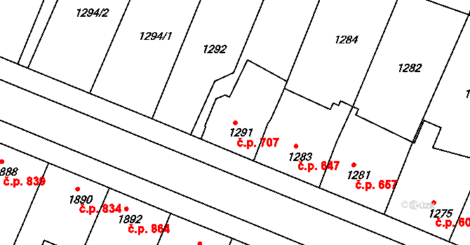 Ratíškovice 707 na parcele st. 1291 v KÚ Ratíškovice, Katastrální mapa