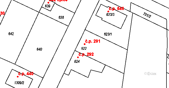 Hřebeč 291 na parcele st. 622 v KÚ Hřebeč, Katastrální mapa