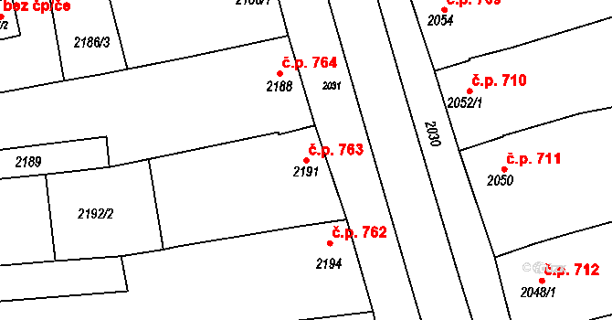 Slavíkovice 763, Rousínov na parcele st. 2191 v KÚ Rousínov u Vyškova, Katastrální mapa