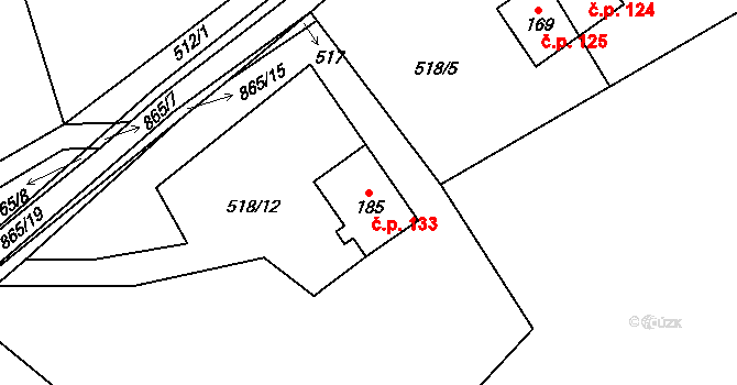 Benecko 133 na parcele st. 185 v KÚ Benecko, Katastrální mapa