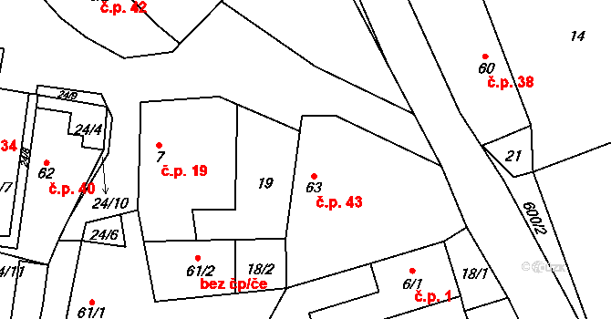 Lážovice 43 na parcele st. 63 v KÚ Lážovice, Katastrální mapa