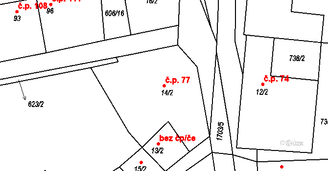 Malešov 77, Hoštka na parcele st. 14/2 v KÚ Malešov u Hoštky, Katastrální mapa