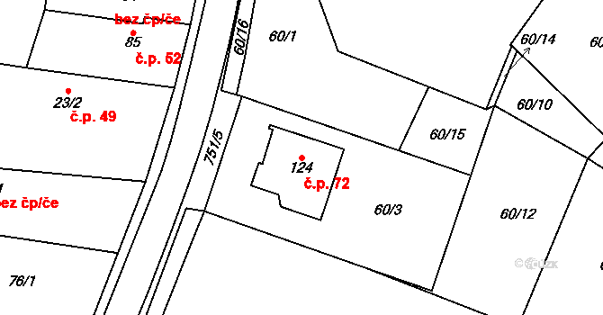 Milovice u Hořic 72 na parcele st. 124 v KÚ Milovice u Hořic, Katastrální mapa