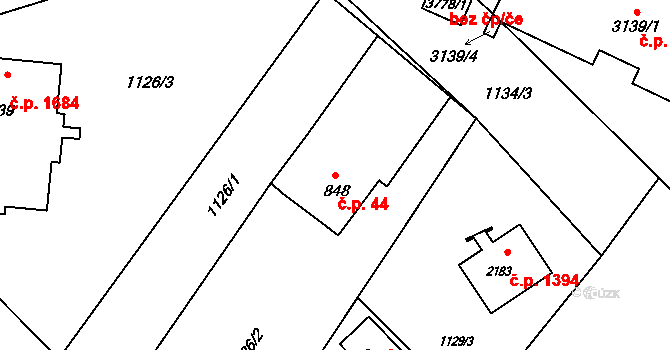 Rožnov pod Radhoštěm 44 na parcele st. 848 v KÚ Rožnov pod Radhoštěm, Katastrální mapa