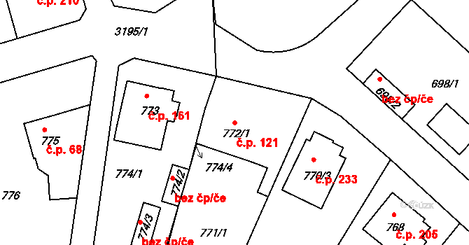 Strkov 121, Planá nad Lužnicí na parcele st. 772/1 v KÚ Planá nad Lužnicí, Katastrální mapa