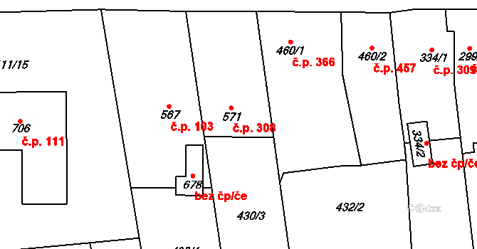 Kopidlno 308 na parcele st. 571 v KÚ Kopidlno, Katastrální mapa