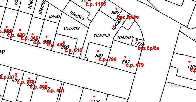 Podklášteří 796, Třebíč na parcele st. 891 v KÚ Podklášteří, Katastrální mapa