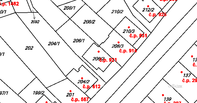 Bystrc 921, Brno na parcele st. 206/2 v KÚ Bystrc, Katastrální mapa