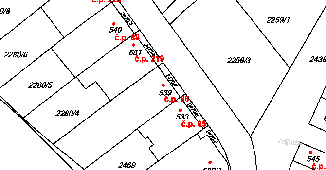 Pecínov 86, Nové Strašecí na parcele st. 539 v KÚ Nové Strašecí, Katastrální mapa