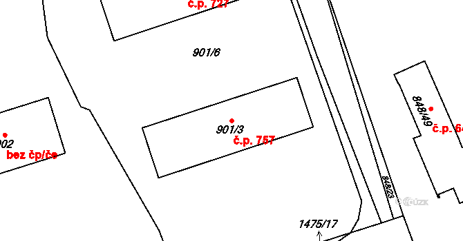 Řeporyje 757, Praha na parcele st. 901/3 v KÚ Řeporyje, Katastrální mapa