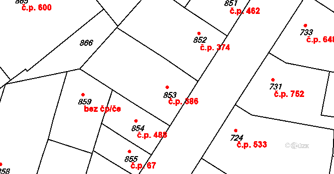 Žižkov 386, Praha na parcele st. 853 v KÚ Žižkov, Katastrální mapa