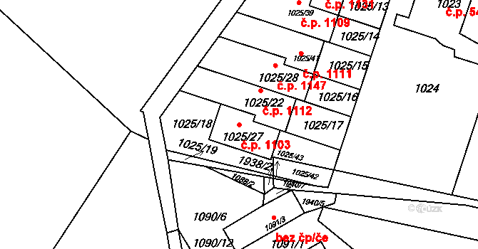 Podolí 1103, Praha na parcele st. 1025/27 v KÚ Podolí, Katastrální mapa