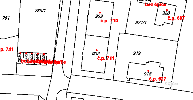 Kbely 711, Praha na parcele st. 932 v KÚ Kbely, Katastrální mapa