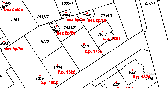 Chomutov 1755 na parcele st. 1032 v KÚ Chomutov I, Katastrální mapa
