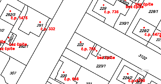 Bolevec 765, Plzeň na parcele st. 222 v KÚ Bolevec, Katastrální mapa