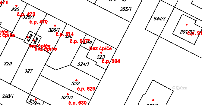 Lobzy 284, Plzeň na parcele st. 323 v KÚ Lobzy, Katastrální mapa