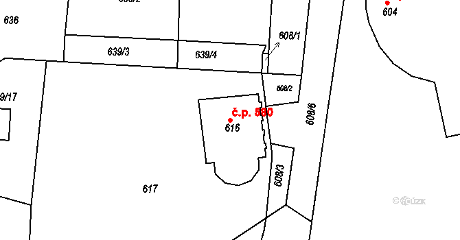 Buchlovice 580 na parcele st. 616 v KÚ Buchlovice, Katastrální mapa