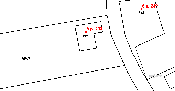 Husinec 293 na parcele st. 598 v KÚ Husinec, Katastrální mapa
