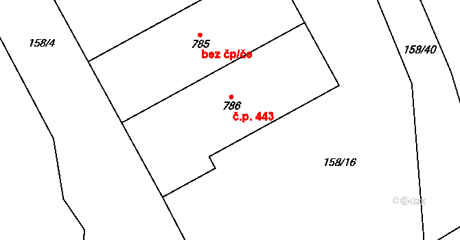 Košťany 443 na parcele st. 786 v KÚ Košťany, Katastrální mapa