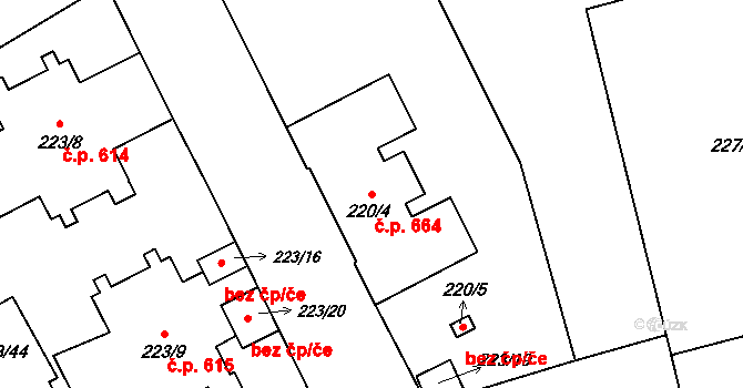 Vítkovice 664, Ostrava na parcele st. 220/4 v KÚ Vítkovice, Katastrální mapa