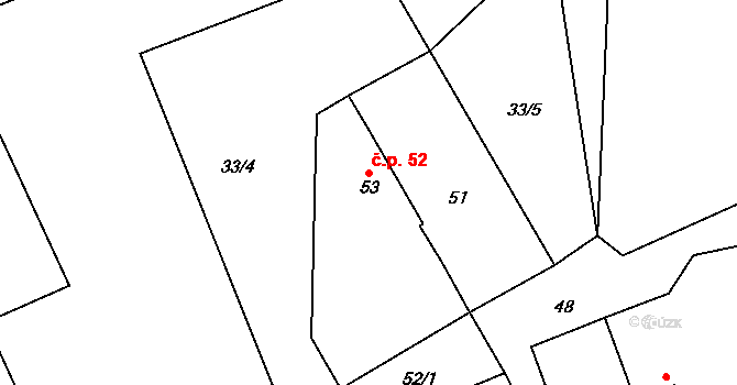 Hluboká 52, Milhostov na parcele st. 53 v KÚ Dolní Částkov, Katastrální mapa