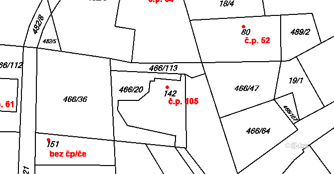 Prachovice 105 na parcele st. 142 v KÚ Prachovice, Katastrální mapa