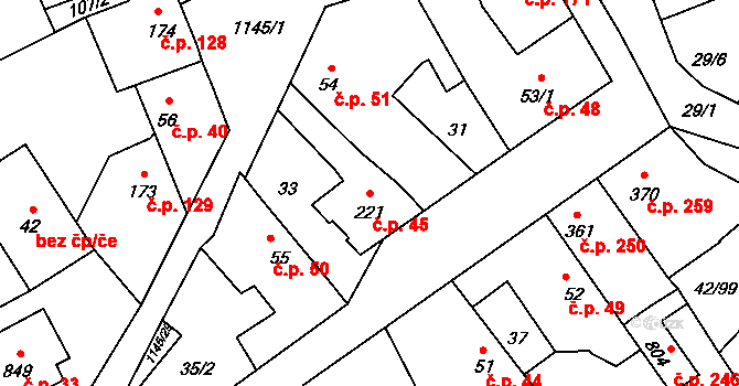 Kamenné Žehrovice 45 na parcele st. 221 v KÚ Kamenné Žehrovice, Katastrální mapa