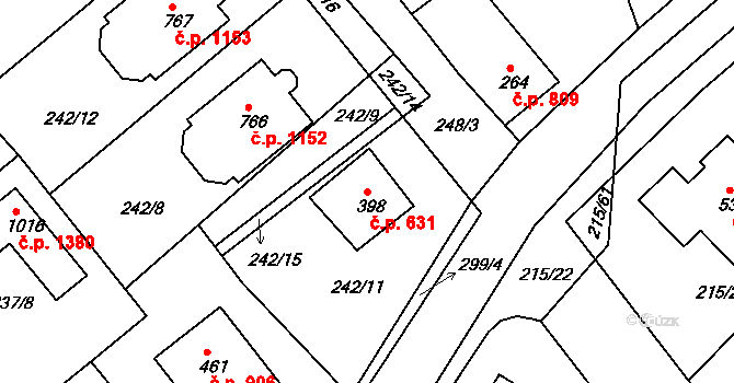 Rudná 631 na parcele st. 398 v KÚ Hořelice, Katastrální mapa