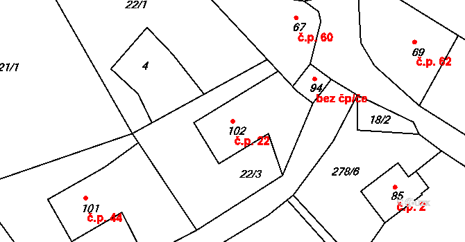 Jizbice 22, Náchod na parcele st. 102 v KÚ Jizbice u Náchoda, Katastrální mapa