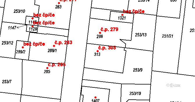Rosice 305, Pardubice na parcele st. 313 v KÚ Rosice nad Labem, Katastrální mapa