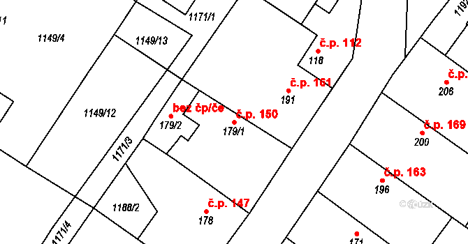 Hředle 150 na parcele st. 179/1 v KÚ Hředle, Katastrální mapa