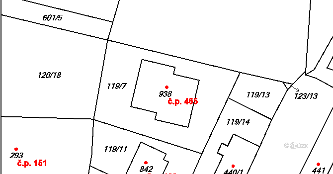 Velká Hleďsebe 465 na parcele st. 938 v KÚ Velká Hleďsebe, Katastrální mapa