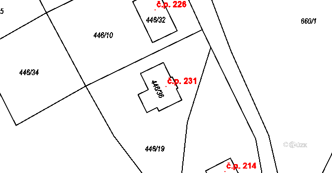 Provodín 231 na parcele st. 446/36 v KÚ Provodín, Katastrální mapa