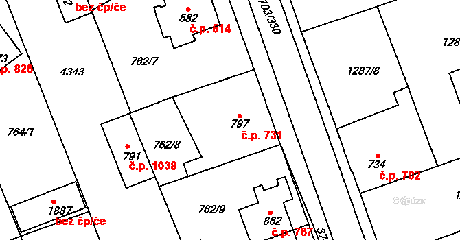 Dobřany 731 na parcele st. 797 v KÚ Dobřany, Katastrální mapa
