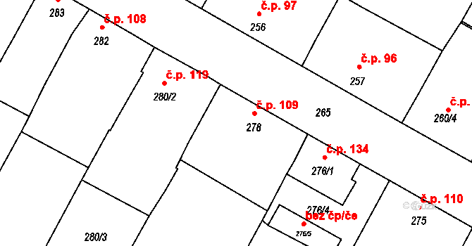 Těšetice 109 na parcele st. 278 v KÚ Těšetice u Znojma, Katastrální mapa