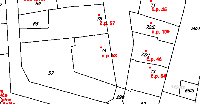 Říkovice 58 na parcele st. 74 v KÚ Říkovice u Přerova, Katastrální mapa