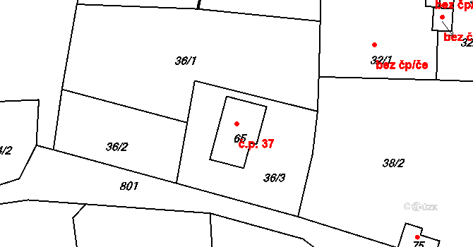 Krasavce 37, Dolní Lukavice na parcele st. 65 v KÚ Krasavce, Katastrální mapa