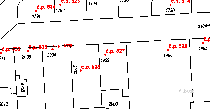 Čelákovice 527 na parcele st. 1999 v KÚ Čelákovice, Katastrální mapa