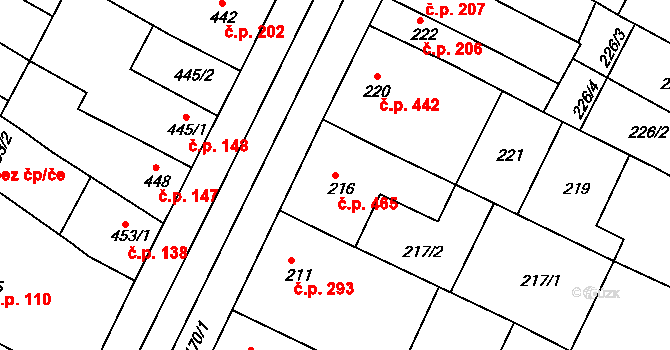 Hrušovany u Brna 465 na parcele st. 216 v KÚ Hrušovany u Brna, Katastrální mapa