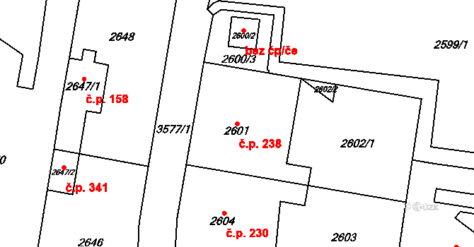 Nosálovice 238, Vyškov na parcele st. 2601 v KÚ Vyškov, Katastrální mapa