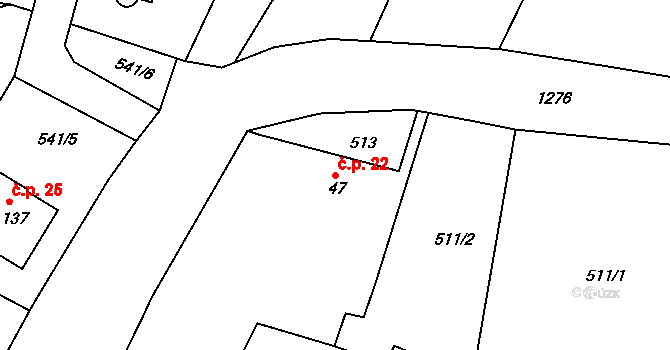 Tožice 22, Bystřice na parcele st. 47 v KÚ Božkovice, Katastrální mapa
