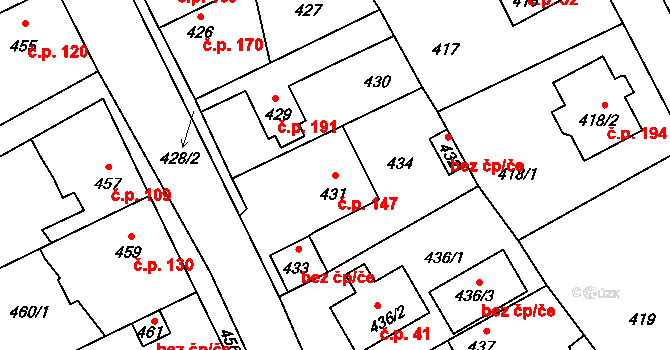 Srby 147, Tuchlovice na parcele st. 431 v KÚ Srby u Tuchlovic, Katastrální mapa