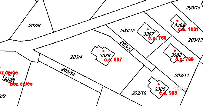 Ostravice 997 na parcele st. 3386 v KÚ Staré Hamry 2, Katastrální mapa