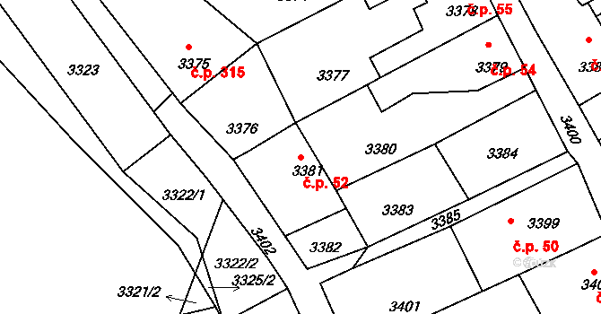 Mimoň I 52, Mimoň na parcele st. 3381 v KÚ Mimoň, Katastrální mapa