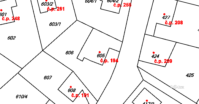 Děčín VII-Chrochvice 194, Děčín na parcele st. 605 v KÚ Chrochvice, Katastrální mapa