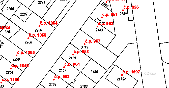 Roudnice nad Labem 957 na parcele st. 2184/1 v KÚ Roudnice nad Labem, Katastrální mapa