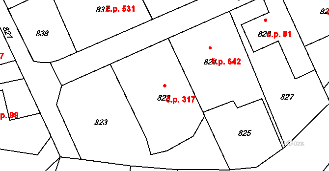 Lutyně 317, Orlová na parcele st. 822 v KÚ Horní Lutyně, Katastrální mapa