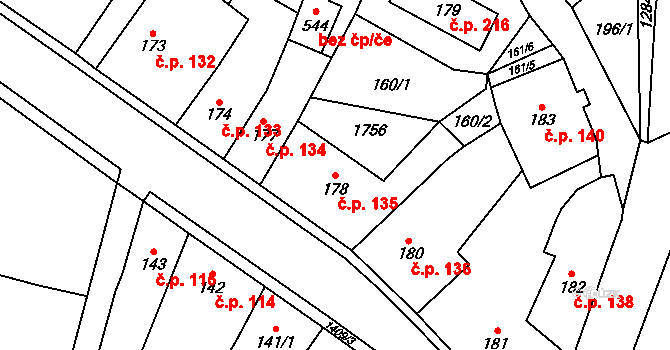 Miletín 135 na parcele st. 178 v KÚ Miletín, Katastrální mapa